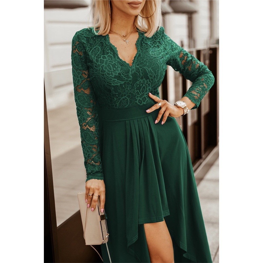 Green V-neck Long Sleeve Lace Backless High
and Low Hem Evening Dress - Picture 4 of 8